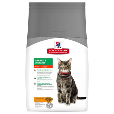Sac de croquettes Hill's Science Plan Perfect Weight Adult 1+ pour chat, avec poulet. Texte visible : fibres prébiotiques, nutrition cliniquement prouvée, maintien du poids sain.