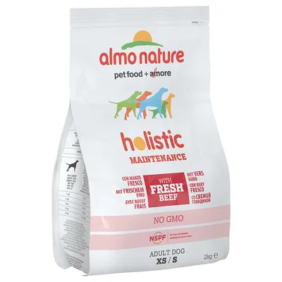 almo nature holistic maintenance hondenvoer met vers rund, no GMO, NSPF, adult dog XS/S, 2 kg. Tekst in meerdere talen zichtbaar op verpakking.