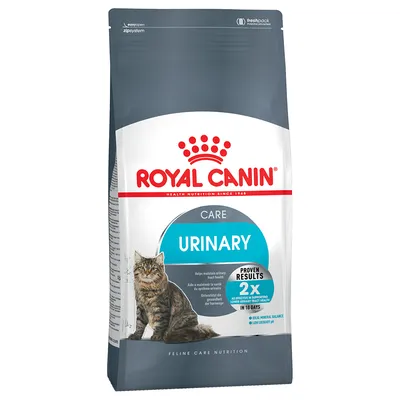 Royal Canin Care Urinary macskatáp, támogatja a húgyutak egészségét, bizonyított eredmények 10 nap alatt, ideális ásványianyag-tartalom, alacsony vizelet pH. Csomagoláson macska látható.