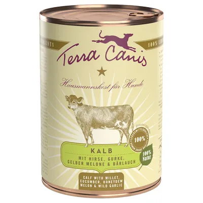 Terra Canis Hausmannskost für Hunde, KALB met gierst, komkommer, gele meloen en wilde knoflook. 100% natuur. Calf with millet, cucumber, honeydew melon & wild garlic.