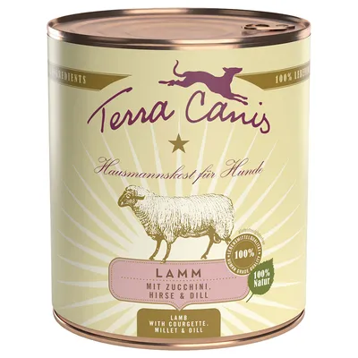 Terra Canis Hausmannskost für Hunde, Lamm mit zucchine, miglio e aneto, 100% Natur, barattolo di alimento per cani. Testo in tedesco e inglese visibile sull'etichetta.