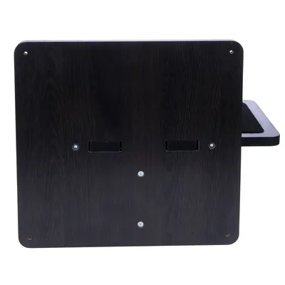 Retro di una tavola di legno scuro con due intagli rettangolari e diversi fori per viti, adatta al montaggio a parete.