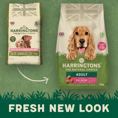 Comparison of old and new Harringtons salmon and potato adult food packaging, showing updated design with 'Fresh New Look' text at the bottom.