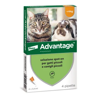 Elanco Advantage soluzione spot-on per gatti piccoli e conigli piccoli, <4 kg, 40 mg imidacloprid, pulce, 4 pipette da 0,4 ml. Immagine di un gatto e un coniglio sulla confezione.