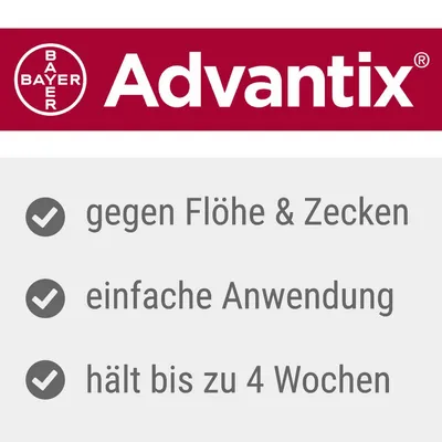Advantix von Bayer: gegen Flöhe und Zecken, einfache Anwendung, hält bis zu 4 Wochen.