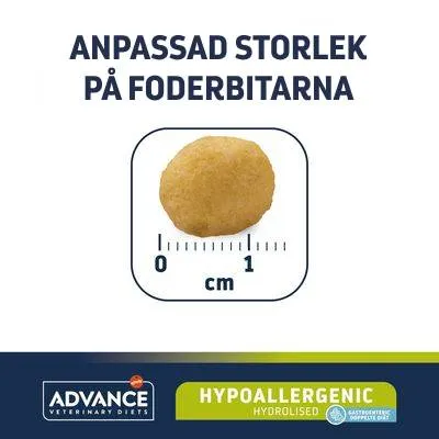 Anpassad storlek på foderbitarna, bild av en foderbit med måttskala 0–1 cm. Advance Veterinary Diets Hypoallergenic Hydrolised synligt längst ner.