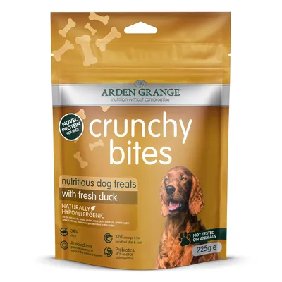 Crunchy bites nutritious dog treats with fresh duck, novel protein source, naturally hypoallergenic, 34% duck, antioxidants, krill omega 3, prebiotics, not tested on animals, 225g pack.
