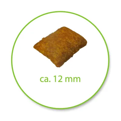 Single square-shaped kibble piece with approximate size of 12 millimetres shown.