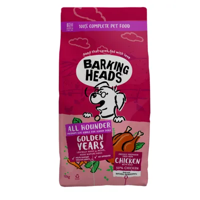 Barking Heads All Hounder Golden Years, medium size kibble for senior dogs, chicken with rice, 50% chicken, natural ingredients, supports healthy joints, vet approved, 12kg bag.