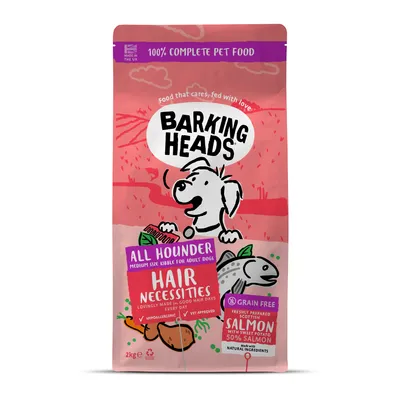 Barking Heads All Hounder Hair Necessities, medium size kibble, grain free, hypoallergenic, vet approved, with sweet potato and 50% Scottish salmon, 2kg bag.