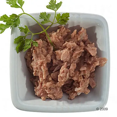 Portie natvoer in stukjes geserveerd in een wit bakje, gegarneerd met een takje peterselie. Merk en soort niet zichtbaar.