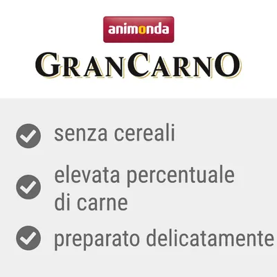 animonda GranCarno: senza cereali, elevata percentuale di carne, preparato delicatamente