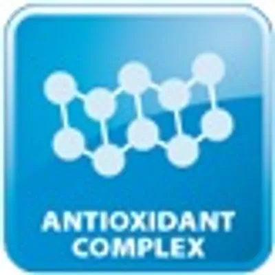 ANTIOXIDANT COMPLEX (κείμενο στα αγγλικά) με εικονίδιο μοριακής δομής σε μπλε φόντο