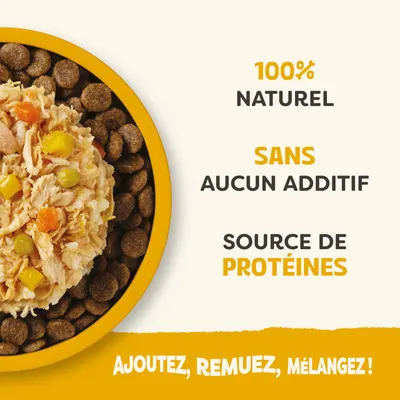 100 % naturel, sans additifs, source de protéines. Ajoutez, mélangez, incorporez ! L'image montre un bol avec de la nourriture sèche et humide.