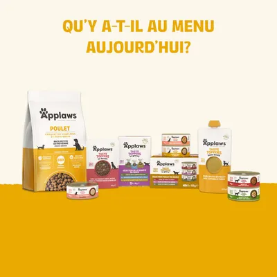 Différents produits Applaws, y compris des croquettes, des boîtes de nourriture humide et des toppings. Texte français : Qu'y a-t-il au menu aujourd'hui ?