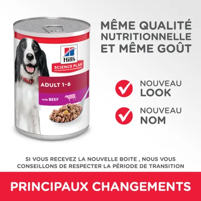 Hill’s Science Plan Adult 1-6 with Beef. Même qualité nutritionnelle et même goût. Nouveau look, nouveau nom. Principaux changements. Respecter la période de transition si nouvelle boîte.