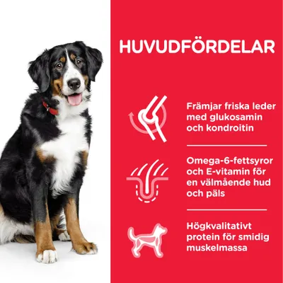 HUVUDFÖRDELAR: Främjar friska leder med glukosamin och kondroitin, omega-6-fettsyror och E-vitamin för hud och päls, högkvalitativt protein för smidig muskelmassa.