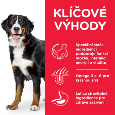 Klíčové výhody: Speciální směs ingrediencí podporuje funkci mozku, interakci, energii a vitalitu. Omega-3 a -6 pro krásnou srst. Lehce stravitelné ingredience pro zdravé zažívání.