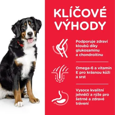 Klíčové výhody: Podporuje zdraví kloubů díky glukosaminu a chondroitinu, omega-6 a vitamín E pro kůži a srst, kvalitní jehněčí a rýže pro šetrné trávení.