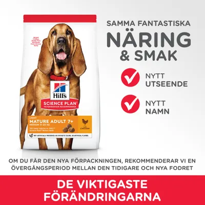 Hill's Science Plan Light Mature Adult 7+ Medium 11–25 kg Chicken. Samma näring & smak, nytt utseende, nytt namn. De viktigaste förändringarna. Rekommenderad övergångsperiod.
