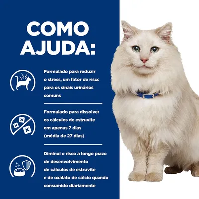 Texto: Como ajuda. Formulado para reduzir o stress, dissolver cálculos de estruvite em 7 dias (média de 27) e diminuir risco de desenvolvimento de cálculos quando consumido diariamente.