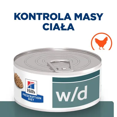 Hill's Prescription Diet w/d, puszka z karmą. Napis: kontrola masy ciała. Symbol kurczaka.