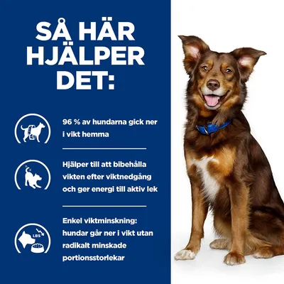 Så här hjälper det: 96 % av hundarna gick ner i vikt hemma. Hjälper till att bibehålla vikten efter viktnedgång och ger energi till aktiv lek. Enkel viktminskning utan radikalt minskade portioner.