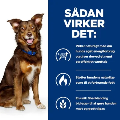 SÅDAN VIRKER DET: Virker naturligt med din hunds eget energiforbrug og giver derved et nemt og effektivt vægttab. Støtter hundens naturlige evne til at forbrænde fedt. En unik fiberblanding bidrager til at gøre hunden mæt og godt tilpas.