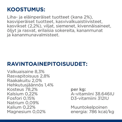 Koostumus: liha- ja eläinperäiset tuotteet (kana 2 %), kasviproteiinit, kasvikset (2,2 %), viljat, siemenet, kivennäisaineet. Ravintoainepitoisuudet: valkuaisaine 8,3 %, rasva 2,8 %, energia 786 kcal/kg.