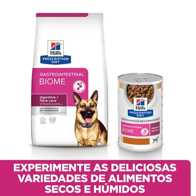Hill's Prescription Diet Gastrointestinal Biome para cães, embalagem de ração seca e lata de alimento húmido. Texto: Experimente as deliciosas variedades de alimentos secos e húmidos.