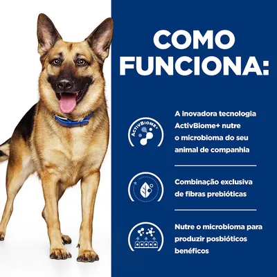 Texto: COMO FUNCIONA. A inovadora tecnologia ActivBiome+ nutre o microbioma do seu animal de companhia. Combinação exclusiva de fibras prebióticas. Nutre o microbioma para produzir posbióticos benéficos.