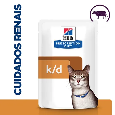Hill's Prescription Diet k/d para gatos, cuidados renais. Ilustração de gato e símbolo de vaca visível na embalagem.