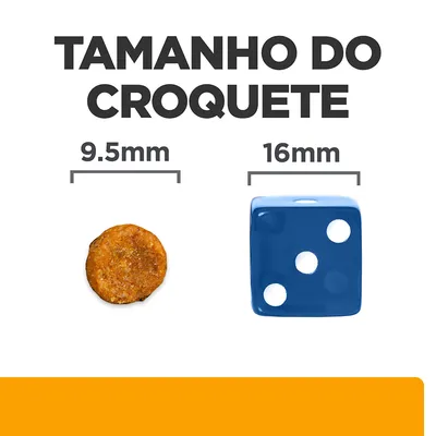 Tamanho do croquete: comparação visual entre um croquete de 9,5 mm e um dado azul de 16 mm. Texto visível: 'TAMANHO DO CROQUETE', '9.5 mm', '16 mm'.