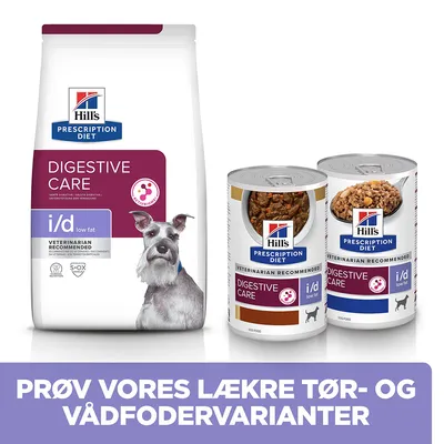 Hill's Prescription Diet Digestive Care i/d low fat tør- og vådfoder til hund, tekst: PRØV VORES LÆKRE TØR- OG VÅDFODERVARIANTER
