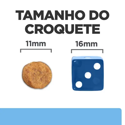 Tamanho do croquete: 11 mm de diâmetro, comparado com um dado azul de 16 mm. Texto visível: 'TAMANHO DO CROQUETE', '11mm', '16mm'.