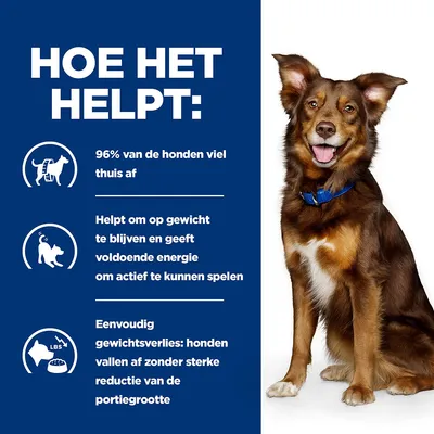 HOE HET HELPT: 96% van de honden viel thuis af. Helpt om op gewicht te blijven en geeft voldoende energie om actief te kunnen spelen. Eenvoudig gewichtsverlies zonder sterke portiereductie.