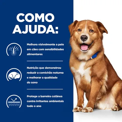 Texto: Como ajuda. Melhora visivelmente a pele em cães com sensibilidades alimentares. Nutrição que demonstrou reduzir a comichão noturna e melhorar o sono. Protege a barreira cutânea. Texto: Como ajuda. Melhora visivelmente a pele em cães com sensibilidades alimentares. Nutrição que demonstrou reduzir a comichão noturna e melhorar o sono. Protege a barreira cutânea.