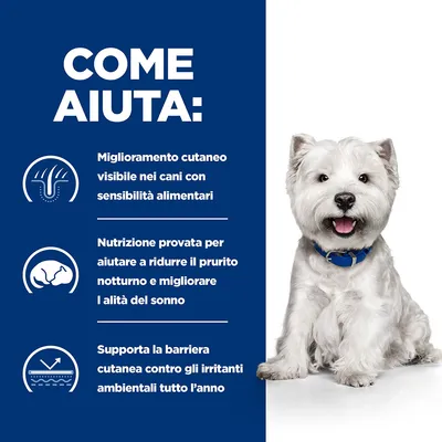 COME AIUTA: Miglioramento cutaneo visibile nei cani con sensibilità alimentari. Nutrizione provata per ridurre il prurito notturno e migliorare il sonno. Supporta la barriera cutanea tutto l’anno.