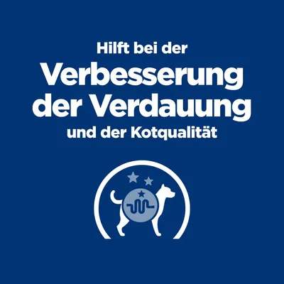 Hilft bei der Verbesserung der Verdauung und der Kotqualität. Symbol eines Hundes mit Verdauungsikone und Sternen.