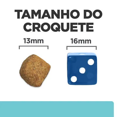 Tamanho do croquete: comparação visual entre um croquete de 13 mm e um dado azul de 16 mm. Texto visível: 'TAMANHO DO CROQUETE', '13 mm', '16 mm'.