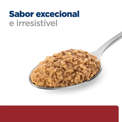 Texto visível: 'Sabor excecional e irresistível'. Colher com comida húmida castanha para animais de estimação em fundo branco.