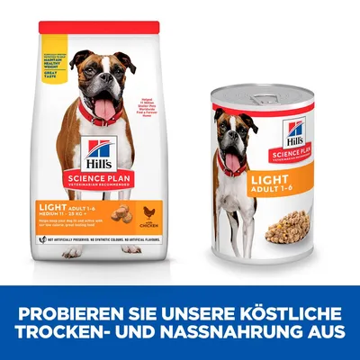 Hill's Science Plan Light Adult 1-6 Medium mit Huhn. Trocken- und Nassnahrung für Hunde. Probieren Sie unsere köstliche Trocken- und Nassnahrung aus.