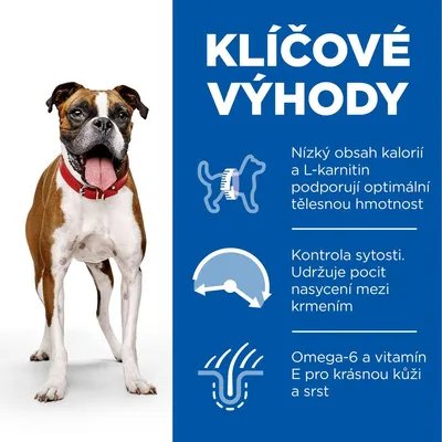Klíčové výhody: Nízký obsah kalorií a L-karnitin podporují optimální tělesnou hmotnost, kontrola sytosti, omega-6 a vitamín E pro krásnou kůži a srst. Pes vedle textu.