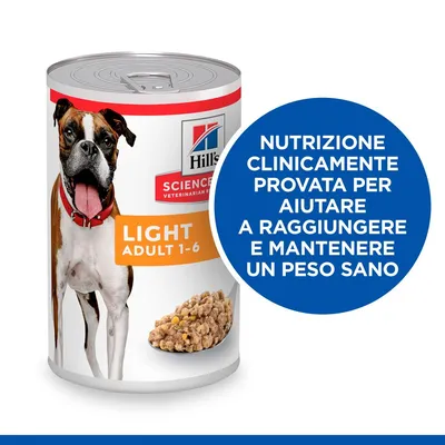 Hill's Science Plan Light Adult 1-6, lattina con immagine di cane e cibo umido. Testo: Nutrizione clinicamente provata per aiutare a raggiungere e mantenere un peso sano.