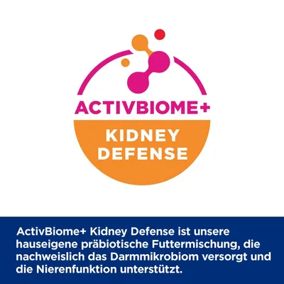 ACTIVBIOME+ KIDNEY DEFENSE. Texte en allemand : ActivBiome+ Kidney Defense ist unsere hauseigene präbiotische Futtermischung, die nachweislich das Darmmikrobiom versorgt und die Nierenfunktion unterstützt.