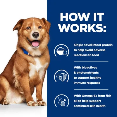 How it works: single novel intact protein to help avoid adverse reactions to food, bioactives and phytonutrients for healthy immune response, Omega-3s from fish oil for skin health.