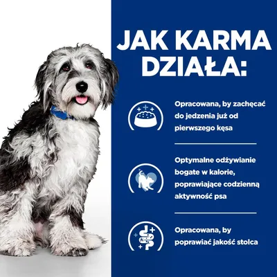 JAK KARMA DZIAŁA: Opracowana, by zachęcać do jedzenia już od pierwszego kęsa. Optymalne odżywianie bogate w kalorie, poprawiające codzienną aktywność psa. Opracowana, by poprawiać jakość stolca.