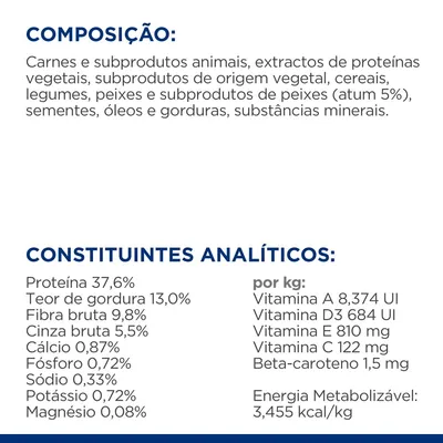 Composição: carnes, subprodutos animais, proteínas vegetais, cereais, legumes, peixes (atum 5%), sementes, óleos, minerais. Proteína 37,6 %, gordura 13 %, fibra 9,8 %, energia 3.455 kcal/kg.