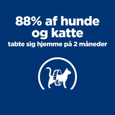 88 % af hunde og katte tabte sig hjemme på 2 måneder. Illustration af hund og kat med målebånd om kroppen.
