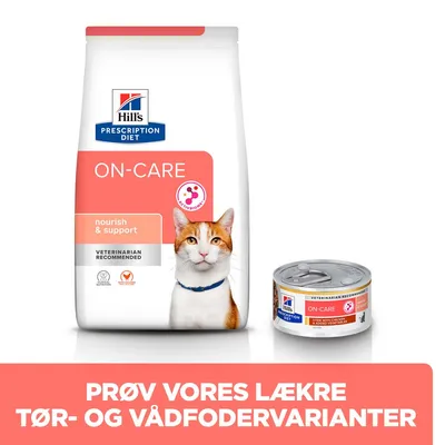 Hill's Prescription Diet ON-CARE tørfoder og vådfoder til kat, teksten 'nourish & support', 'veterinarian recommended'. Prøv vores lækre tør- og vådfodervarianter.